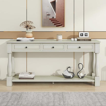 Knocbel 64 Inch Long Antique Entry Console Table with Drawers & Bottom Open Shelf, Solid Wood Sofa Couch Table for Entryway Hallway Living Room (Antique White)