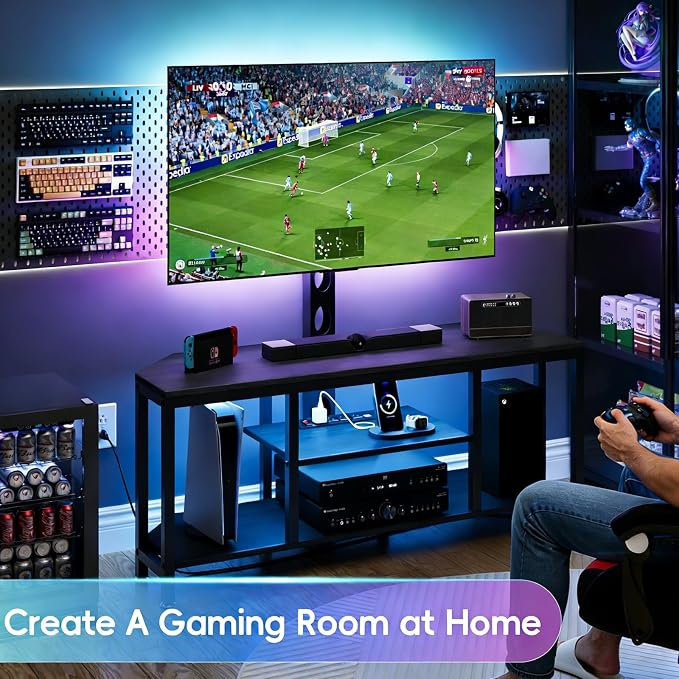 Corner TV Stand with Mount LED - Universal TV Mount Stand for 32-65" TV, Height Adjustable Swivel TV Console Wood & Steel Entertainment Center with Mount, Cabinet, Power Outlet, Colorful Light, Black