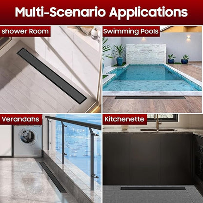 DLONE Linear Shower Drain | 48" AISI 304 Stainless Steel Linear Drain, Matte Black Shower Drain with Tile Insert Panel & Adjustable Feet, Long Rectangle Shower Floor Drain in Bathroom, Balcony, etc
