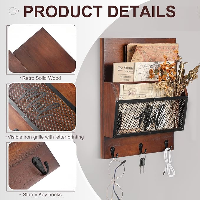 Yalikop Farmhouse Mail Organizer Wall Mounted Rustic Mail Holder Hanging Key Sorter with 3 Hooks Indoor Wooden Wall Mounted, Letter, Magazines, Newspapers, Keys (Classics,Dark Brown)