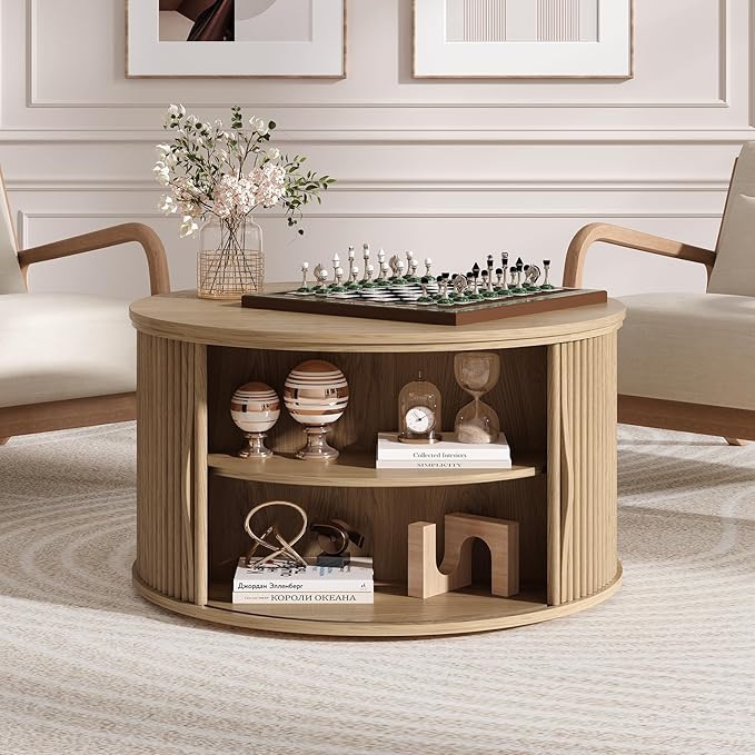 SULIVES Round Coffee Table with Lifting Top, Multifunctional Drum Coffee Table with Sliding Door, Small Fluted Center Table for Living Room, Oak
