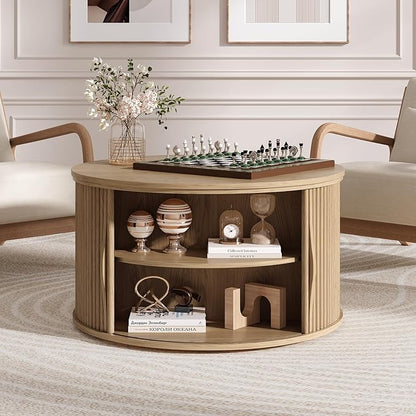 SULIVES Round Coffee Table with Lifting Top, Multifunctional Drum Coffee Table with Sliding Door, Small Fluted Center Table for Living Room, Oak