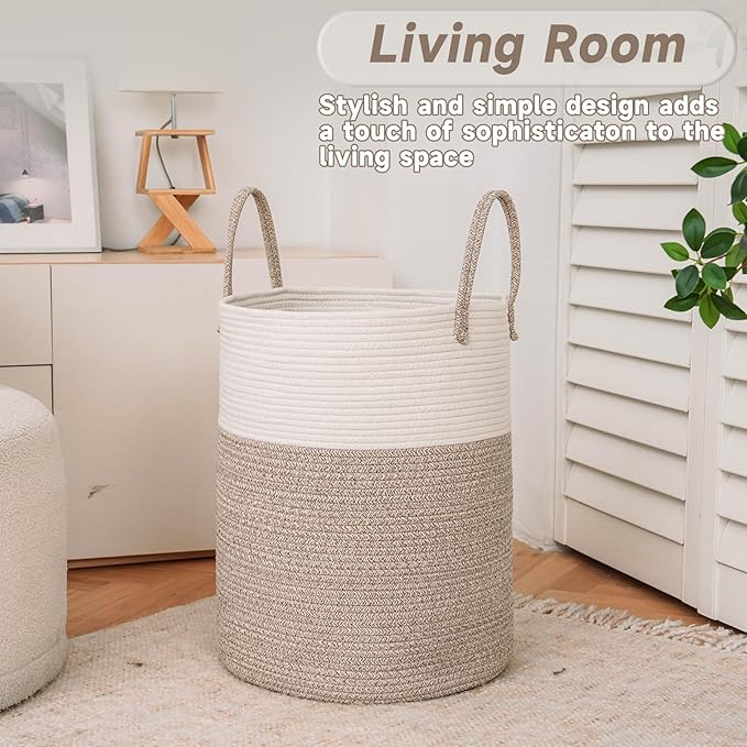 JMvicyroam Large Woven Laundry Basket Hamper,60L Cotton Rope Storage Bin for Blankets,Toys and Clothes,Decorative Tall Nursery Hamper for Living Room,Baby Nursery,Bathroom and Bedroom,Brown