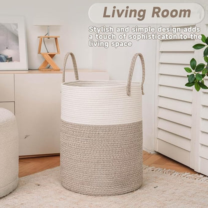 JMvicyroam Large Woven Laundry Basket Hamper,60L Cotton Rope Storage Bin for Blankets,Toys and Clothes,Decorative Tall Nursery Hamper for Living Room,Baby Nursery,Bathroom and Bedroom,Brown