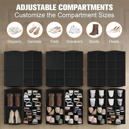 2 Pack Shoe Organizer for Closet,Foldable Shoe Storage Organizer with Adjustable Dividers, Shoe Storage Box with Clear Cover, Fits up to 16 Pairs, Black