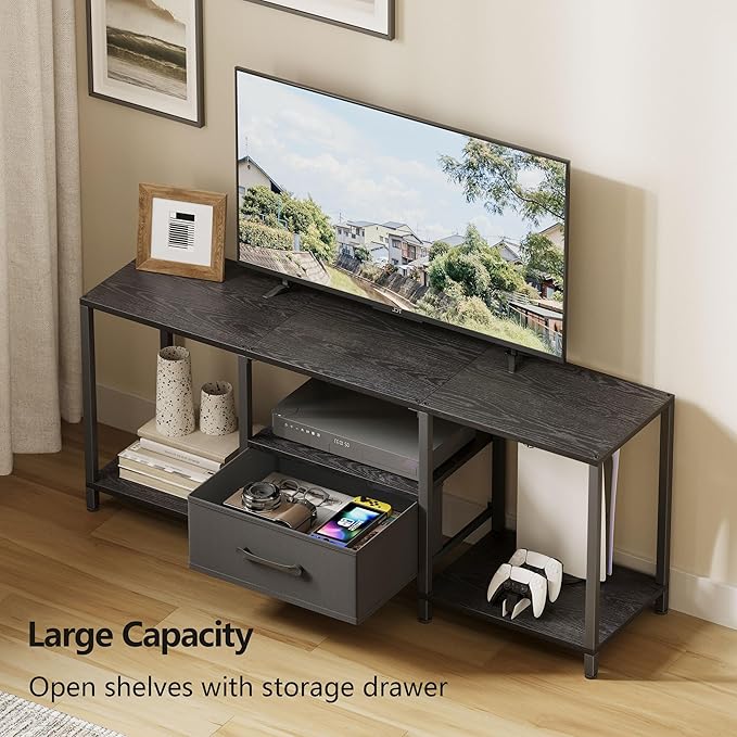 JARHETUN TV Stand with Fabric Drawer for 55 Inch TV, Entertainment Center with Open Shelves, Media TV Console Table for Living Room, Bedroom, Black