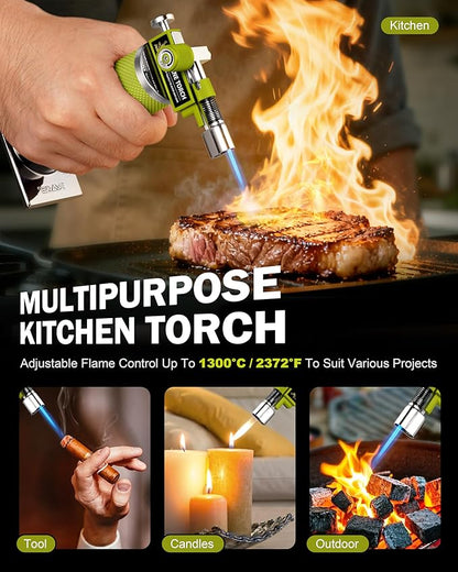 RAVS DUAL Flame Mode Butane Torch Lighter, Refillable Kitchen Torch, Metal Body Creme Brulee Torch for Baking, Cooking, Resin Art with Adjustable Flame, Green Soldering Torch, Butane Gas Not Included