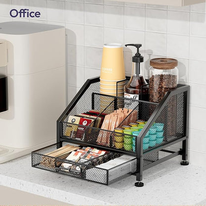 SWTYMIKI Coffee Bar Organizer for Countertop – Space-Saving Kcup Organizer with Drawer and Tiered Shelves, Coffee Station for Pods, Sugar, Syrup, Cups, Stirrers, Condiment Organizer Storage