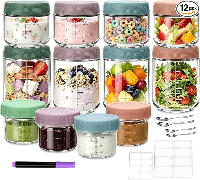 12 Pack Overnight Oats Containers with Lids, 16oz/10oz/4oz Glass Jars with Airtight Lids, Wide Mouth Mason Jars, Reusable Food Storage Containers for Oats, Chia Pudding, Salad, Spice, Meal Prep