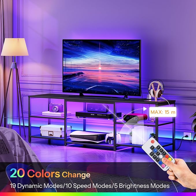 HOOBRO LED TV Stand for 75 Inch TVs with Charging Station, Gaming Entertainment Center with 3-Tier Open Storage, Long 63” Media TV Console Table, TV Stand for Living Room, Bedroom, Black BB21UDDS01