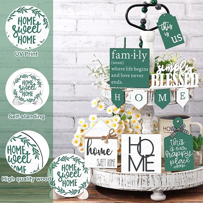 11 Pcs Home Tiered Tray Decor Spring Ustic Farmhouse Tiered Tray Decorations Set Home Wooden Signs Vintage Farm Animal Farmhouse Tabletop Wood Signs for Kitchen Table Shelf Decor