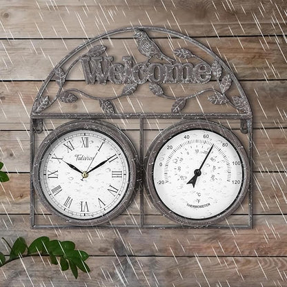 17Inch Large Outdoor Clock,Waterproof Wall Clock with Thermometer,Weatherproof Non-Ticking Quartz Battery Operated Decor Clock for Patio,Garden,Pool,Porch,House Warming Gifts