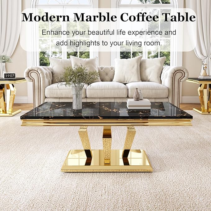 Modern Marble Coffee Table, 47" Living Room Table with Diamond-Shape Stainless Steel Base and Thickened Faux Marble Top for Living Room, Bedroom, Lounge (Gold,Black)
