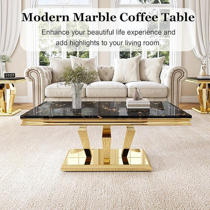 Modern Marble Coffee Table, 47" Living Room Table with Diamond-Shape Stainless Steel Base and Thickened Faux Marble Top for Living Room, Bedroom, Lounge (Gold,Black)