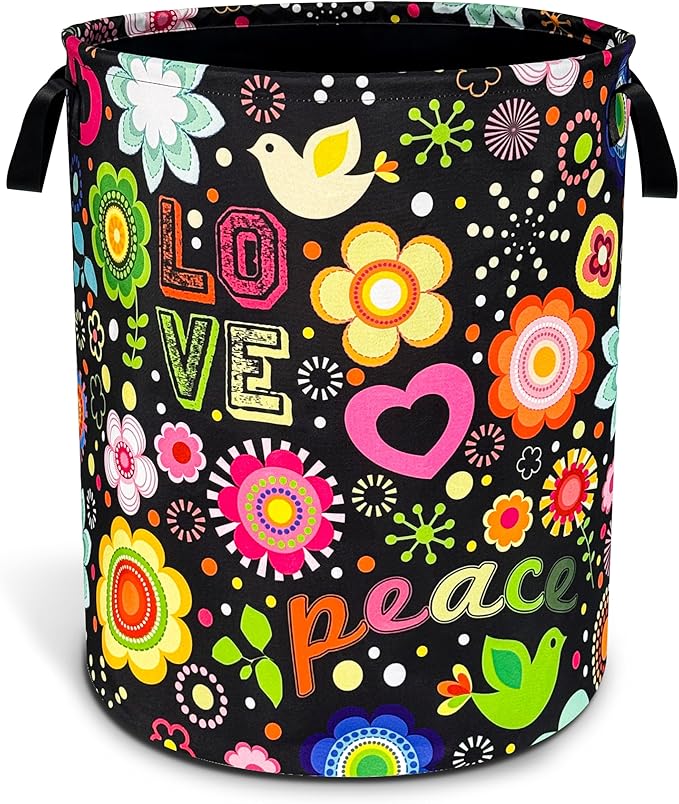 NUTAINLA Peace Hippie Flower Laundry Basket Foldable Oxford Cloth Funny Tote Bag Laundry Hamper Clothes Storage Bucket Toy Organizer For Bathroom/Laundry Storage/Bedroom 18.9x16.5 Inch