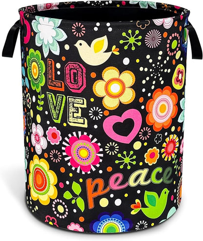 NUTAINLA Peace Hippie Flower Laundry Basket Foldable Oxford Cloth Funny Tote Bag Laundry Hamper Clothes Storage Bucket Toy Organizer For Bathroom/Laundry Storage/Bedroom 18.9x16.5 Inch