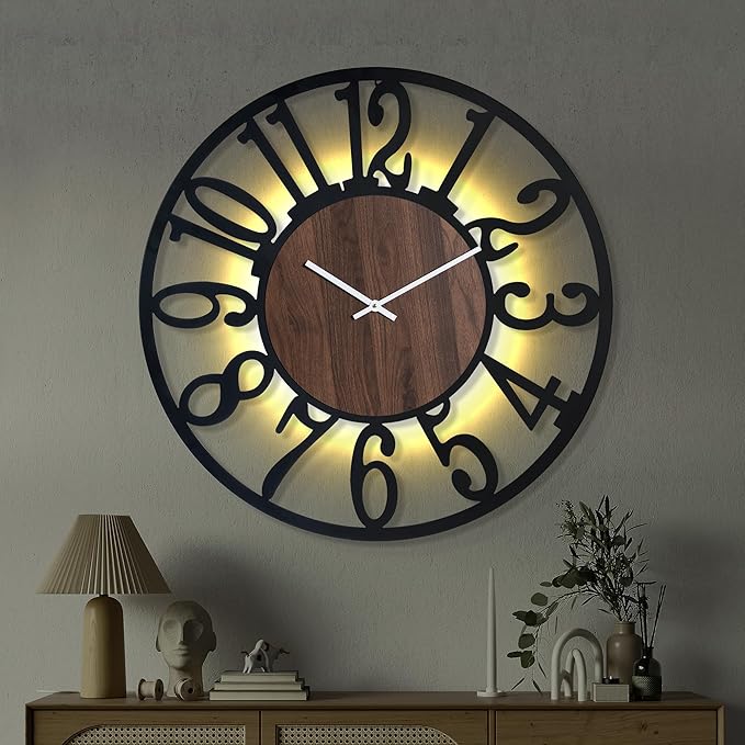 30'' Large Silent Wall Clock with Night Light, Glow in The Dark Decorative Wall Clock Battery Operated, Rustic Modern Metal & Wood Clocks for Bedroom Living Room Decor, Arabic Numerals