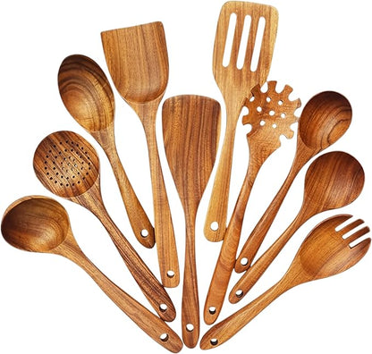 10 Piece Teak Wood Utensil Set - Non-Toxic, Ultimate Kitchen Cooking Spoons & Spatulas for Nonstick Cookware - Includes Pasta Spoon, Ladle & Skimmer - Premium Wooden Utensil Gift Set