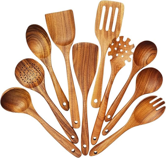 10 Piece Teak Wood Utensil Set - Non-Toxic, Ultimate Kitchen Cooking Spoons & Spatulas for Nonstick Cookware - Includes Pasta Spoon, Ladle & Skimmer - Premium Wooden Utensil Gift Set