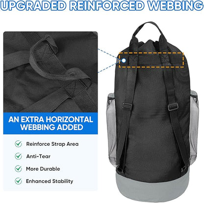 BALEINE 120L Laundry Bag Backpack, 900D Oxford Fabric Large Travel Laundry Bags with Shoulder Straps and 2 Mesh Pockets for College Dorm, Apartment, Laundromat (Black, 120L)