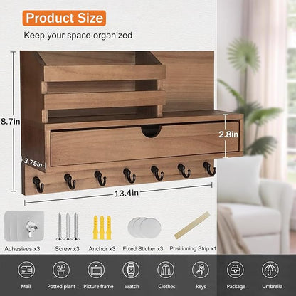 dreampossible Key and Mail Holder for Wall, Mail Organizer Wall Mount with 6 Hooks and Storage Drawer, Wooden Key Rack Hanger with Shelf for Entryway and Home Decor