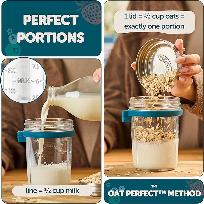 Overnight Oats Jar with Spoon & Stainless Steel Lid - 16oz Leakproof Glass Oatmeal Container for Meal Prep & Yogurt - Easy to Clean Breakfast Cup with Measurement Markings On-the-Go - 1 Pack