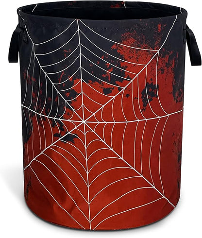 Spider Web Laundry Basket Funny Blood Splatter Foldable Waterproof Oxford Cloth Tote Bag Laundry Hamper Round Large Clothes Storage Bucket Organizer For Bathroom/Laundry Storage/Bedroom 18.9x16.5 Inch