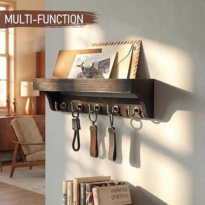 Rebee Vision Key Holder Wall Mount with Shelf – Rustic Key Holder for Wall with 5 Hooks for Keys & Leashes – Stylish Entryway Organizer for Home & Apartment (Distressed Black)