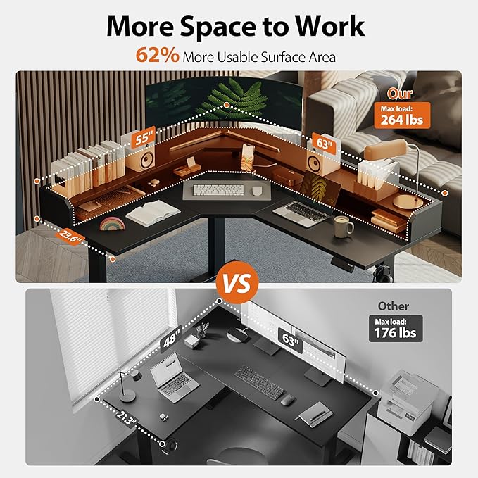 Agilestic L Shaped Standing Desk, Adjustable Height Corner Gaming Desk with Shelf, Sit Stand Up Desk, 63 x 55 Inch Home Office Computer Table, Black