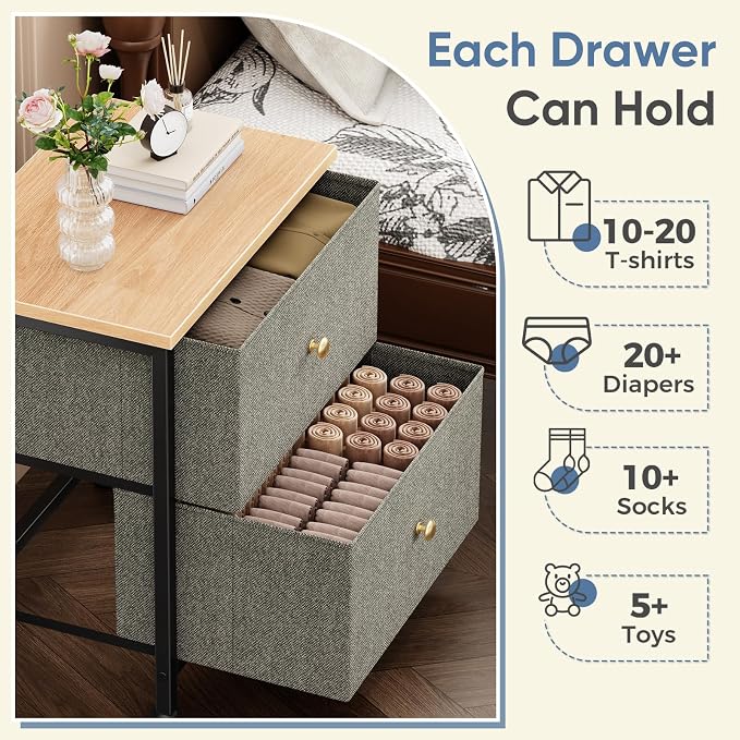 DUMOS Nightstand Small Dresser with 2 Fabric Drawers Side Tables Bedroom End Table Kids Bedside Storage Furniture for 20 inch Tall Night Stand for Closet, Entryway, College Dorm, Ink Green