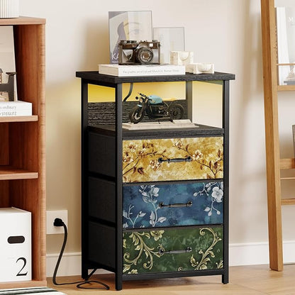 Fixwal Night Stand with Charging Station, LED Nightstand with U-S-B Ports and Outlets, 3 Fabric Storage Drawers with PU Finish, Bedside Table, Vintage Flower