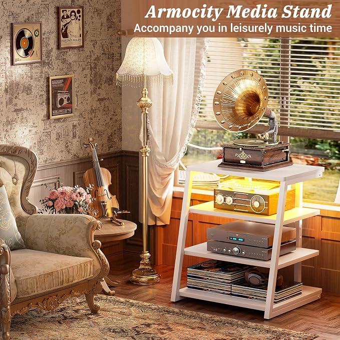 Armocity 4-Tier AV Media Stand with Power Strips, Stereo Stand with LED Lights, Audio Tower Rack with Adjustable Shelves, Small Entertainment Center, 30'', White