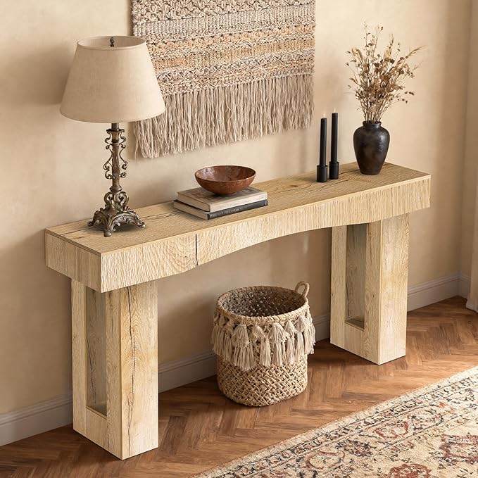 63 Inch Long Entryway Table Hollow, Wooden Console Table with Socket Farmhouse Sofa Table for Entrance, Hallway, Living Room,Behind Couch(Natural Brown)