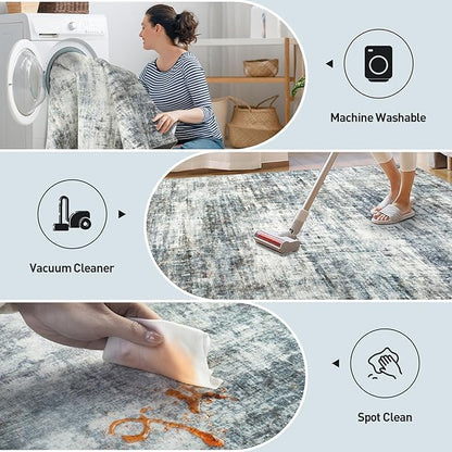 4x6 Area Rugs Washable Rug: Modern Abstract Living Room Rug Soft Anti-Skid Thin Carpet Indoor Floor Non-Shedding Carpets for Bedroom Dining Room Farmhouse Nursery Home Office - Blue Multi