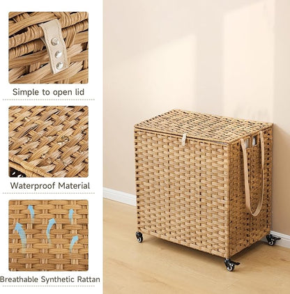 Laundry Hamper with Wheels, 39.6 Gallon(150L) Rolling Laundry Basket with Lid, Removable Large 2 Color Liners & 3 Mesh Laundry Bags, Clothes Hamper with Side Pocket, Natural