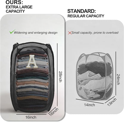 Collapsible Pop Up Laundry Hamper, Extra Large with Removable Initial Letter A, Mesh Foldable Laundry Basket, 28" x 16" x 16" (Black)