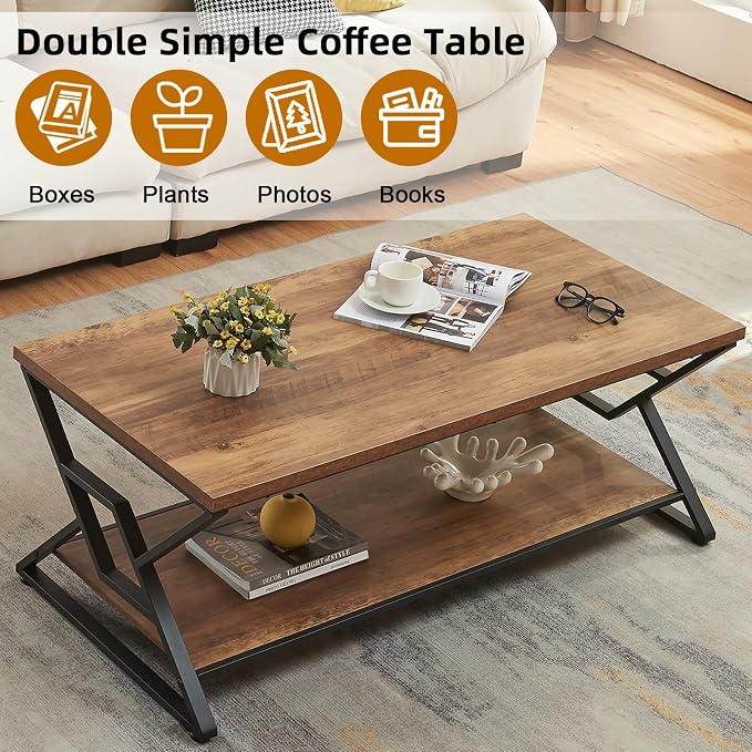 HOMISSUE Coffee Table, Rustic Rectangle Coffee Table with 2-Tier Storage, Engineered Wood Center Table with Open Shelves, Minimalist Coffee Table for Living Room, 47 Inch, Oak Brown