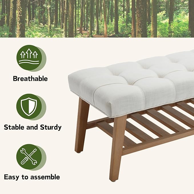 Entryway Shoe Bench Storage Benches with Upholstered Button Tufted Seat and Open Slatted Shelf Linen Shoe Rack for Hallway Living Room Bedroom End of Bed, Beige