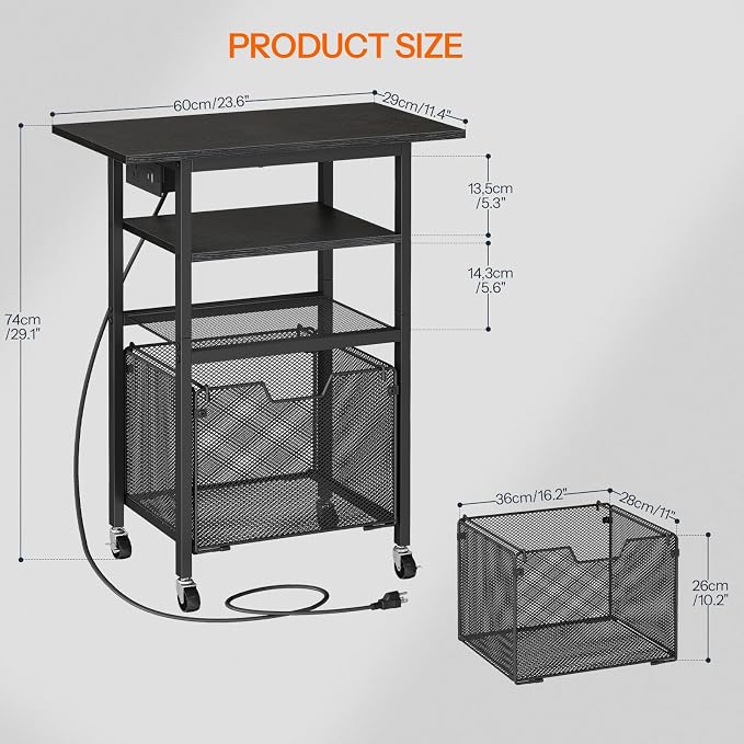 HOOBRO Printer Stand, Printer Table with Charging Station, Printer Cart with Hanging File Folder Organizer, Rolling File Cabinet Cart, Shelf for Home Office, Black BB17UPS01