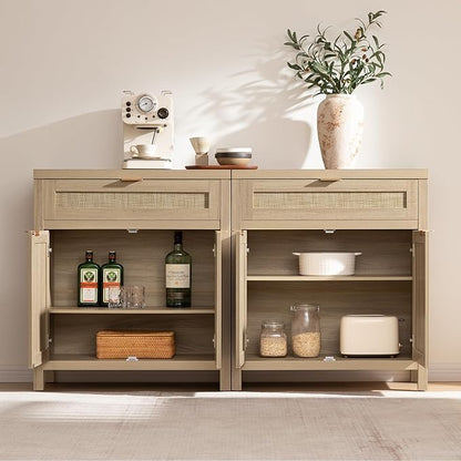 SICOTAS Sideboard Buffet Storage Cabinet, Rattan Accent Cabinet with Doors and Drawer, Boho Credenzas Buffet Table Console Coffee Bar Cabinets for Entryway Living Room, Natural