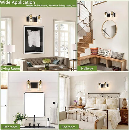 Bathroom Light Fixtures, Matte Black and Gold 2-Light Bathroom Lights Over Mirror with Clear Glass Shade,Wall Sconces for Bathroom