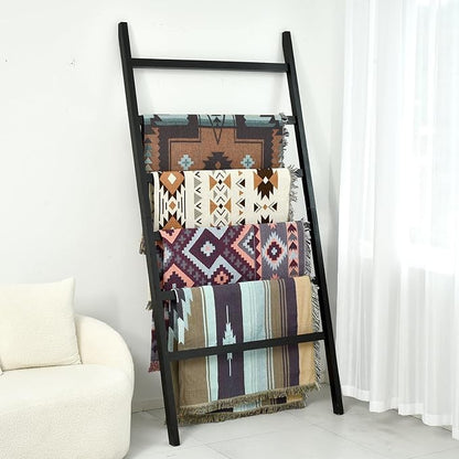 FUIN Extra Wide 6.4ft Wooden Blanket Ladder Living Room Decorative Wal Leaning Farmhouse Quilt Display Holder Rustic Wood Towel Rack for Bathroom, Black, 38 inch Wide
