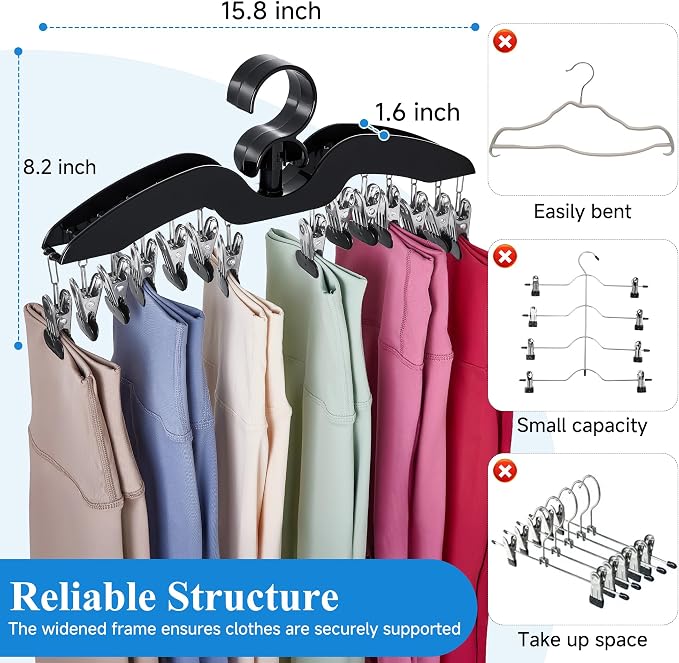 Leggings Hangers for Closet, Black Pants Hangers with Clips Space Saving, 2-Pack Closet Organizers and Storage Hanging 28 Leggings for Dorm Room Gym Organization