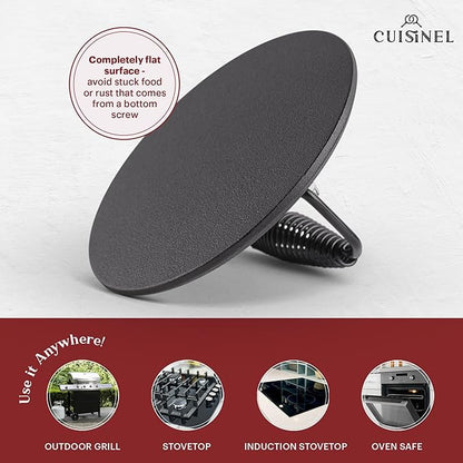 Cuisinel Cast Iron Skillet + Grill Press + Scraper Set - 10"-inch Pre-Seasoned Frying Pan + Silicone Handle Grip - 7" Round Burger Smasher - Indoor/Outdoor, Grill, Kitchen Cookware. PFAS and PFOA-free