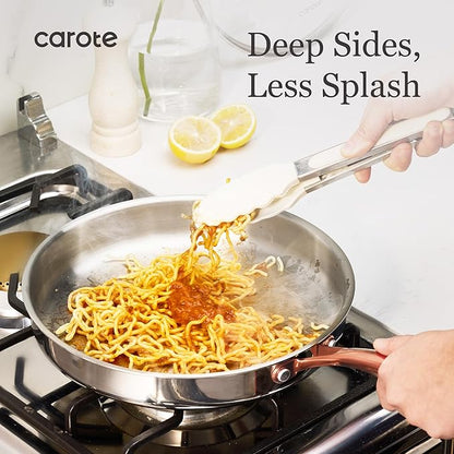 CAROTE 10" Tri-Ply Stainless Steel Frying Pan, Non-Toxic Fry Pan Egg Pan Omelet Pans, Oven Safe, Induction, Ceramic and Gas Cooktops Compatible, Polished Silver