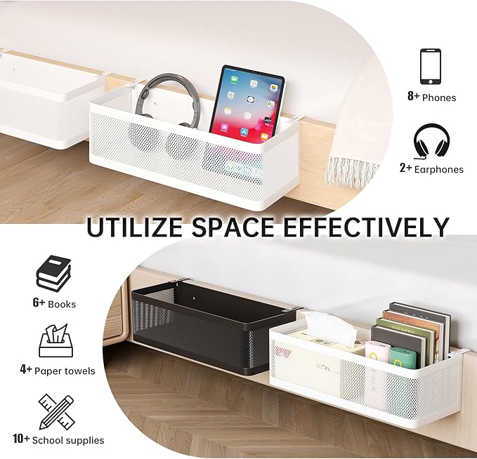 Bedside Caddy Shelf for Bunk Bed, Office Cubicle Walls, Crib Rails, Dorm Bed College Dorm Room Essentials Bed Shelf for Cell Phone Headphone Magazine Snacks (Black, L13.78in*W5.12in*H3.94in)