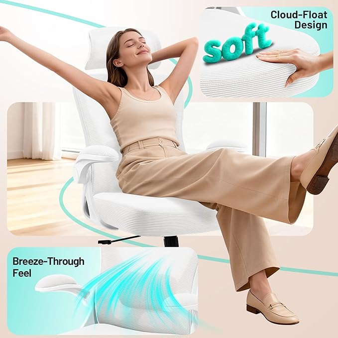 Office Chair - Ergonomic Desk Chair Breathable Mesh Chair with 2D Headrest & Adjustable Lumbar Support - Executive High Back Rolling Swivel Computer Gaming Chair with Wheels Flip-up Armrests