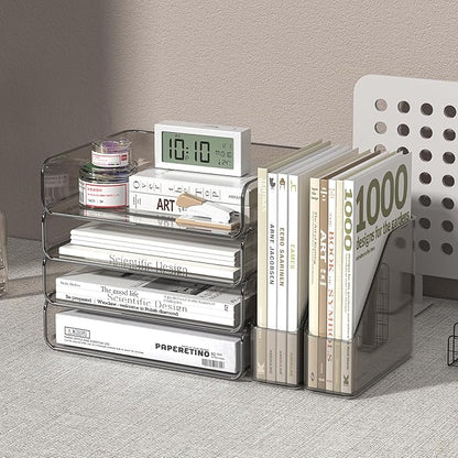 Acrylic Paper Organizer with Movable Bookends, 4-Tier Stackable Paper Tray for Desk, Brown Clear File & Letter Tray Organizer Office