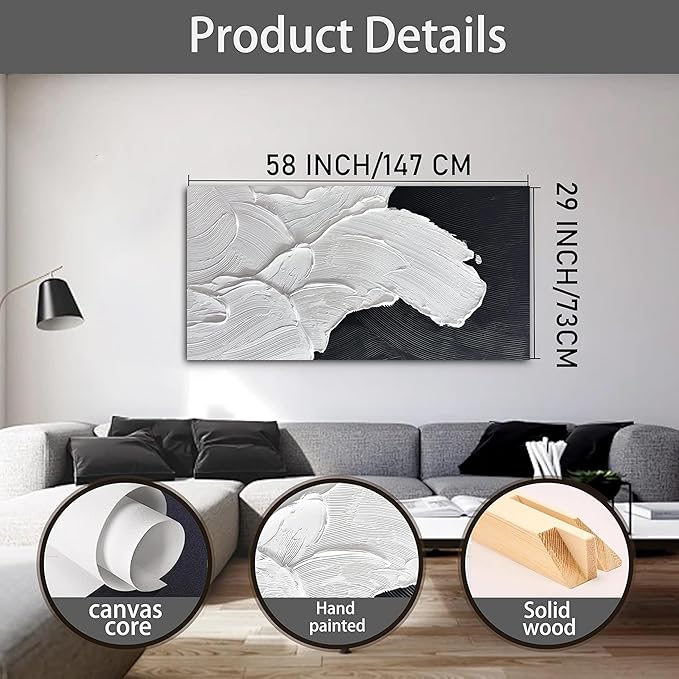 Tarfupth Black and White Abstract Wall Art for Living Room Hand-Painted Large Abstract Wave Oil Paintings Artwork for Bedroom Office Home Decor 29x58 Inch
