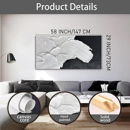 Tarfupth Black and White Abstract Wall Art for Living Room Hand-Painted Large Abstract Wave Oil Paintings Artwork for Bedroom Office Home Decor 29x58 Inch